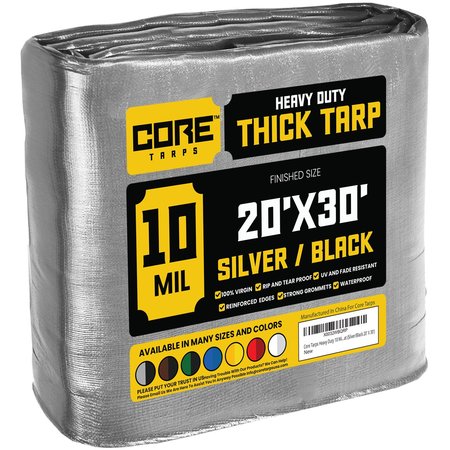 CORE TARPS 30 ft x 0.5 mm H x 20 ft W Heavy Duty 10 Mil Tarp, Silver/Black, Polyethylene CT-601-20X30